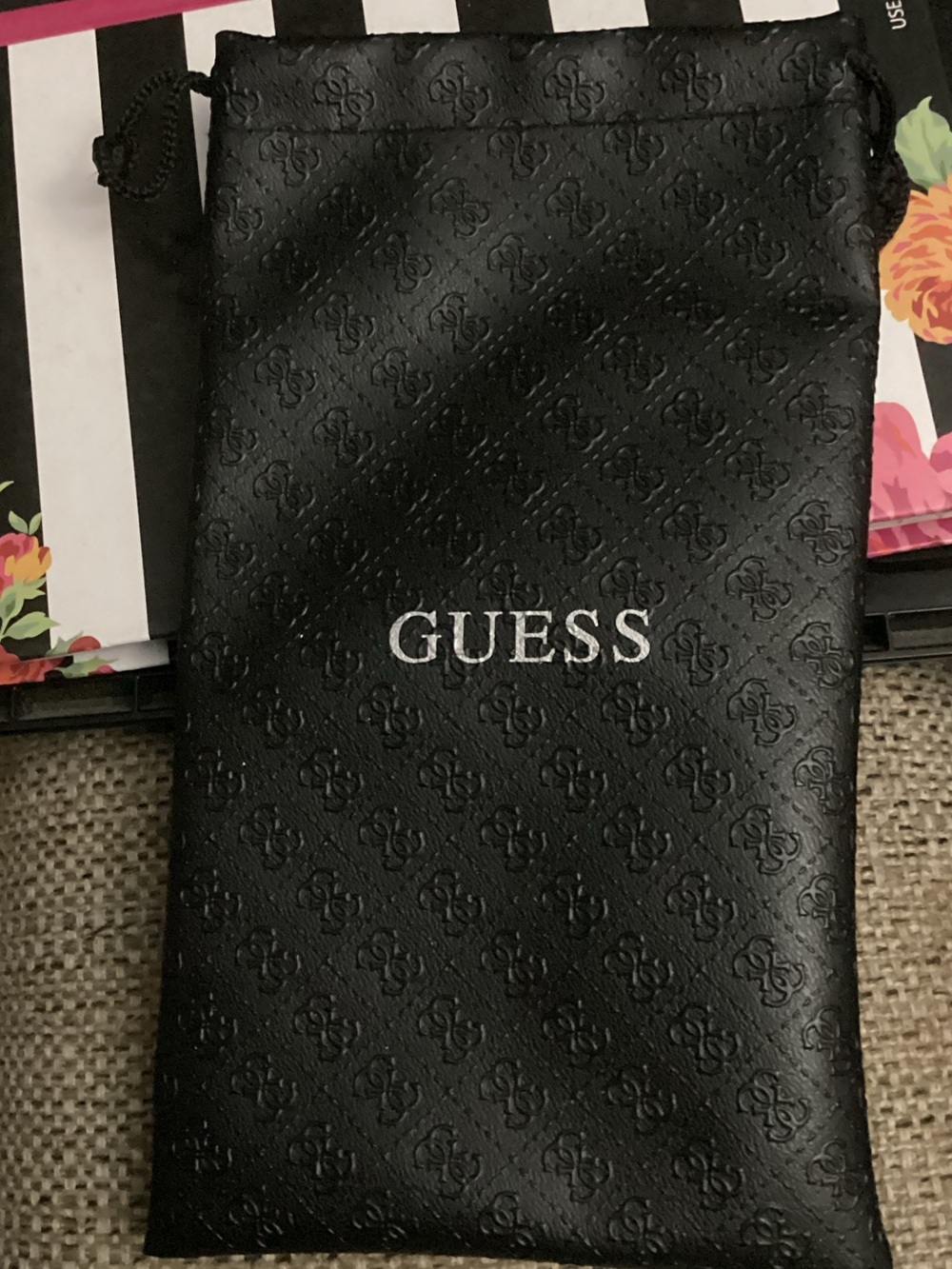 GUESS Black Embossed Drawstring Phone Pouch